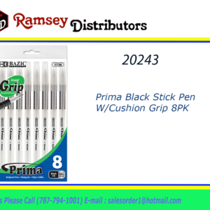 20243 - 1736 Prima Black Stick Pen W/Cushion Grip 8PK