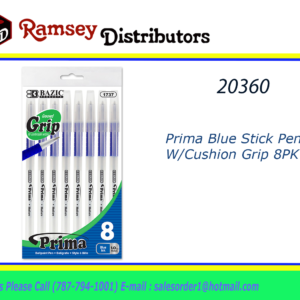20360 - 1737 Prima Blue Stick Pen W/Cushion Grip 8PK