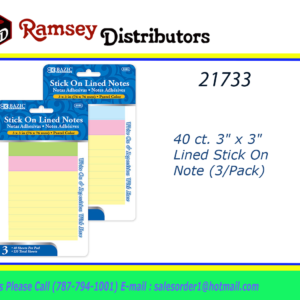 21733 - 5101  40 ct. 3" x 3" Lined Stick On Note (3/Pack)