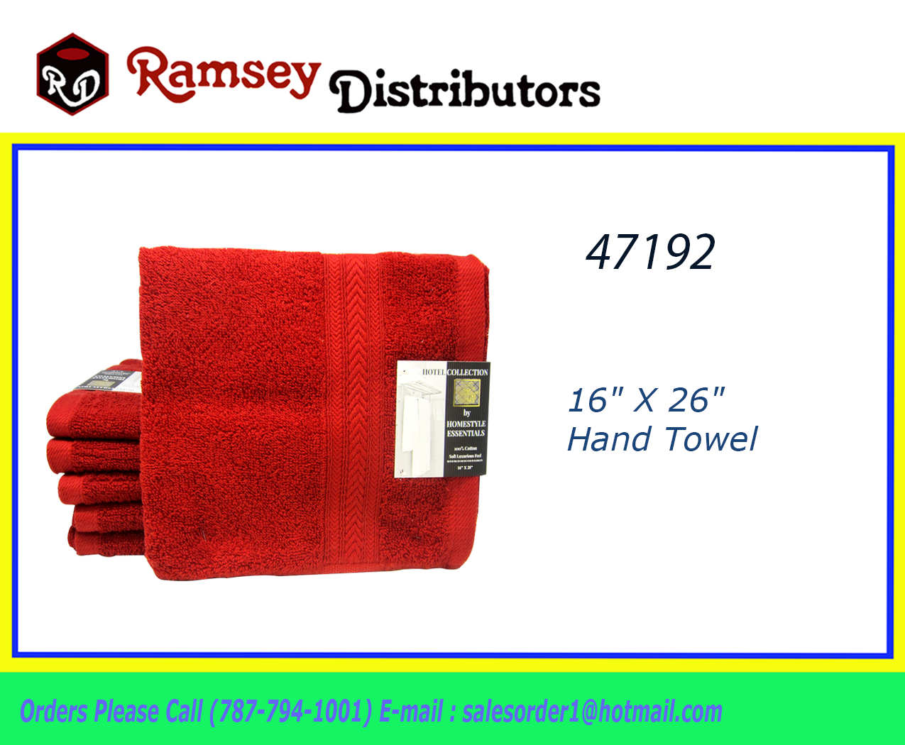 47192 PA76305 16″X 26″ Hand Towel Red Ramsey Distributors