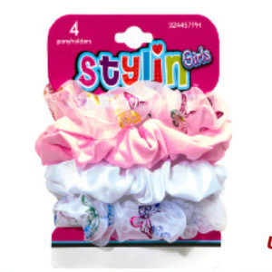 31314 - 324457PH   4on Scrunchies, 2 Sheer W/Butterflies Ponyholders