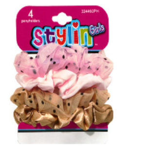 32208 - 324460PH   4on Scrunchies, 2 Sheer W/Dots, 2 Solid Colors  Ponyholders